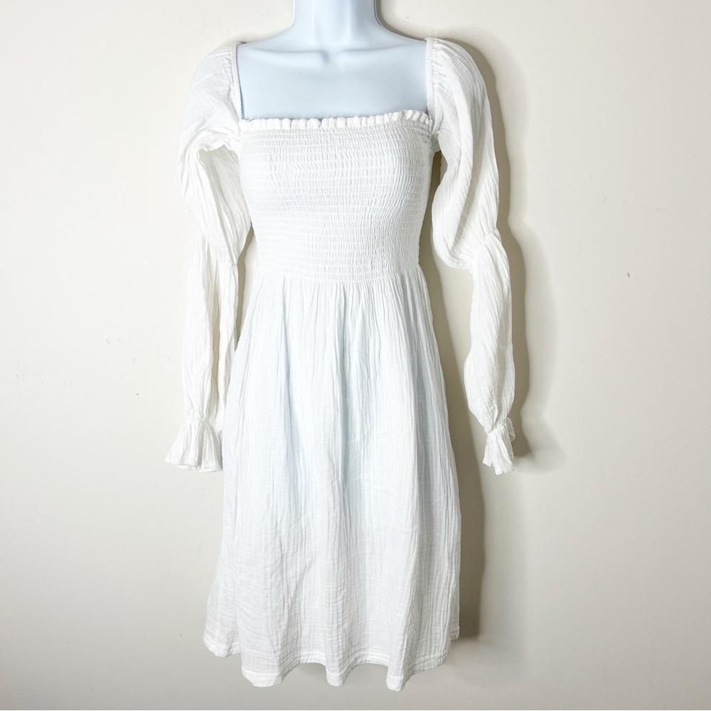 Women's Mini Dress Cotton Textured Milkmaid Peasant Boho Chic Puff Sleeve White